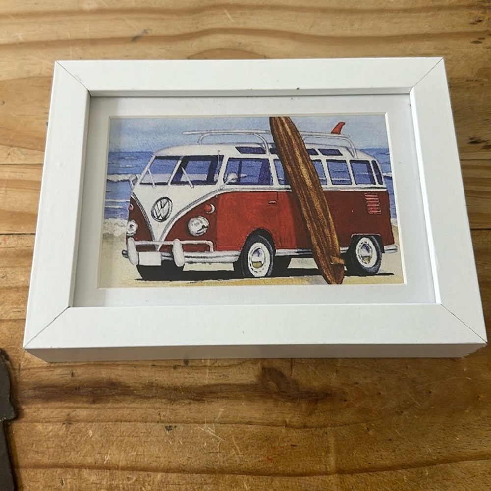 Framed Local Artist Rendition of a Red VW Bus Van at the Beach w/ Surfboard.